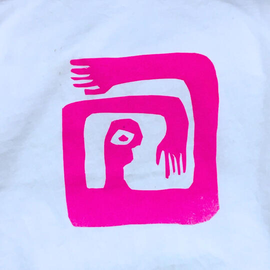 Hand-pulled screen print , vibrant neon pink depicting abstract face head and arms