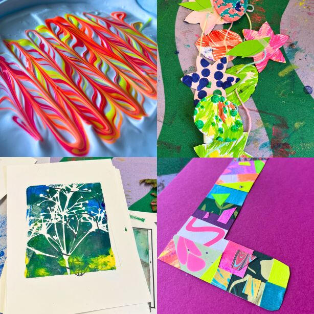 Neon tempera paint patterns on a layer of foam. Highly coloured garland decorations. Gelli printing workshop eco paint. Collage letter