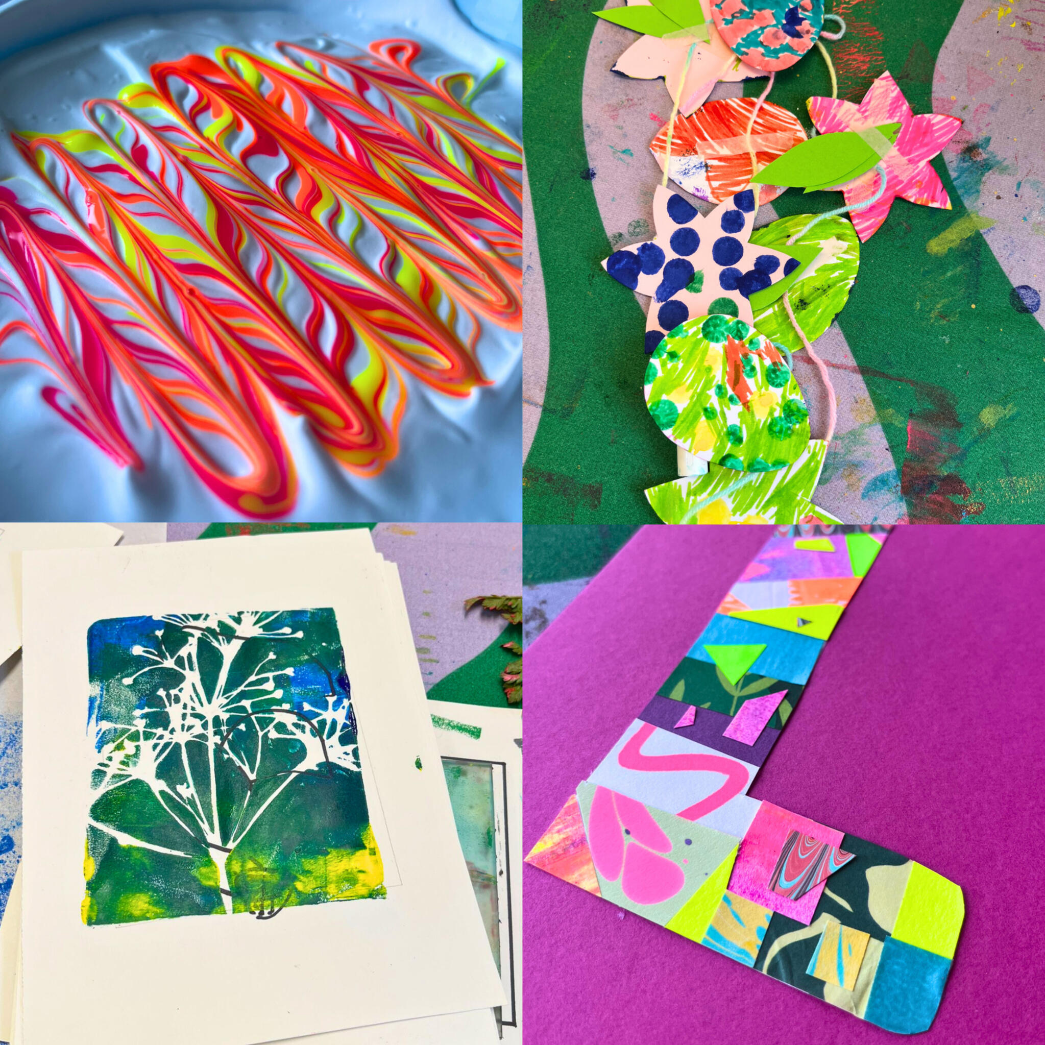 Adult and child hands creating colourful paper collages at a family arts and crafts workshop