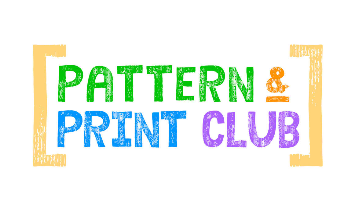 Bright coloured text saying Pattern & Print Club with yellow brackets either side