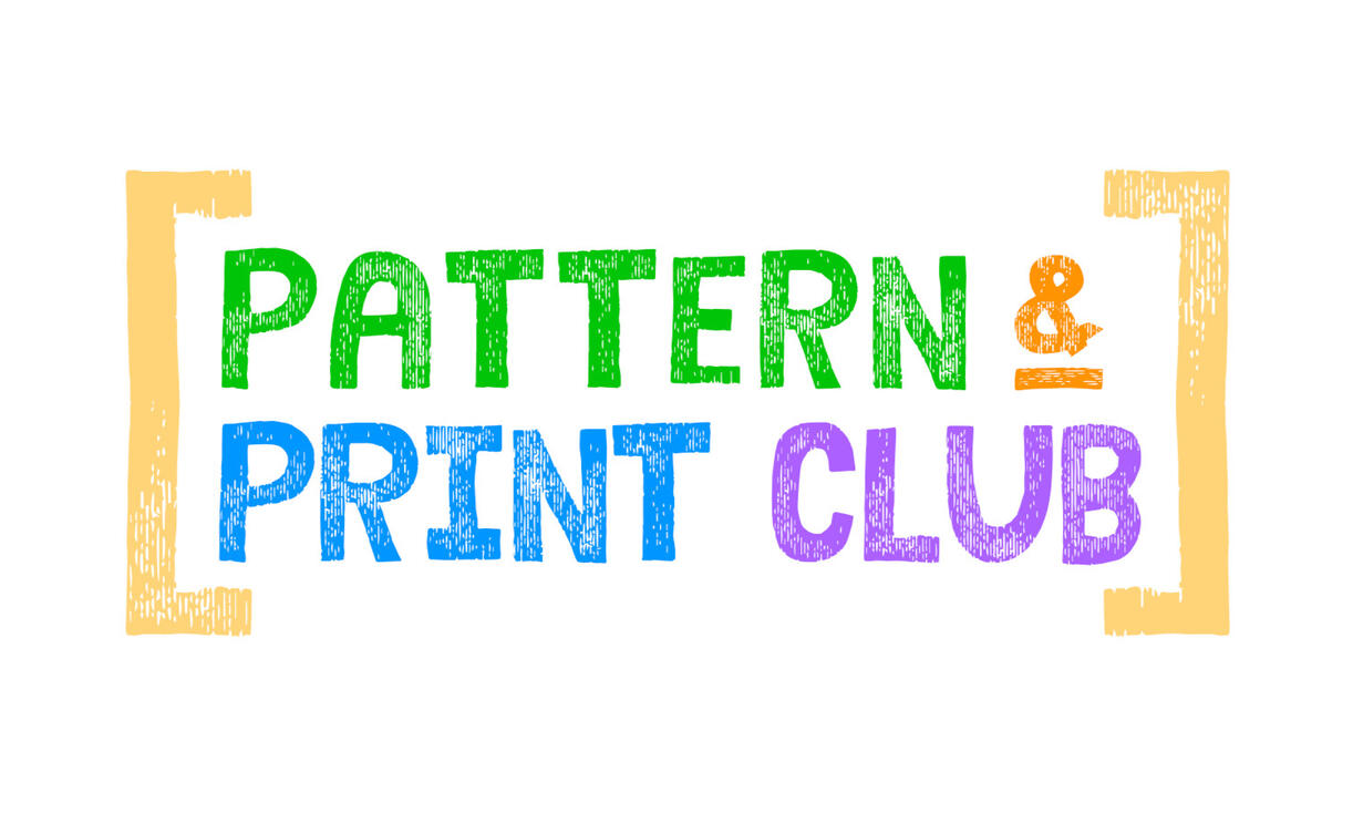 Bright coloured text saying Pattern & Print Club with yellow brackets either side