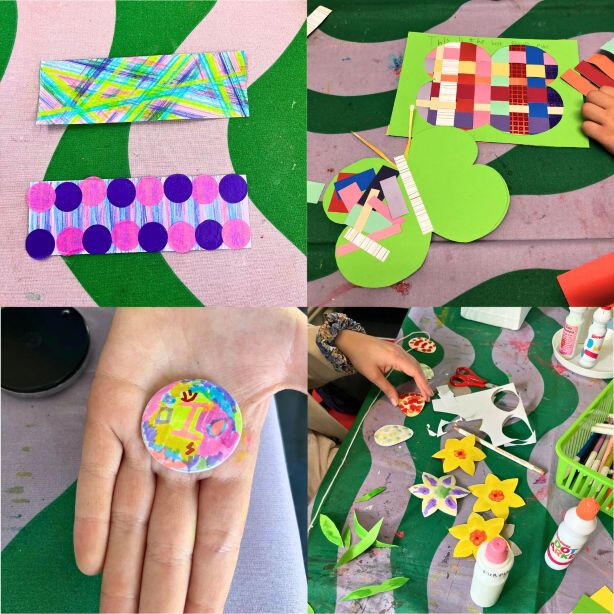 Brightly coloured paper bookmarks. Weaving with card. Brightly coloured handmade badge. Spring flower garland