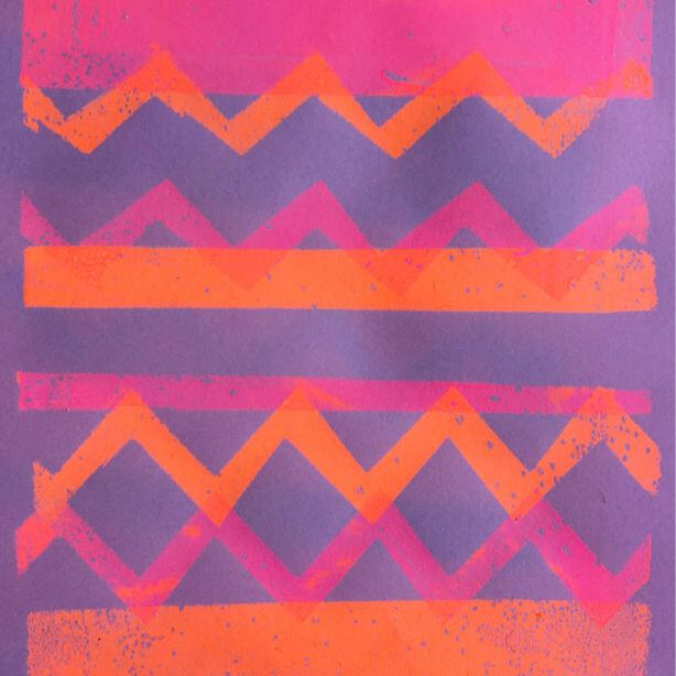 Gel printed paper stencil design printed onto a purple background as inspiration for a gelli printing club.