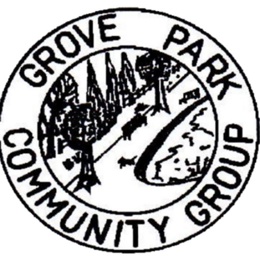 Round circle with black text Grove Park Community Group Trees and pond