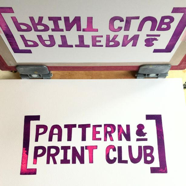 Screen printing frame Mono print image in purple and pink text saying Pattern & Print Club.