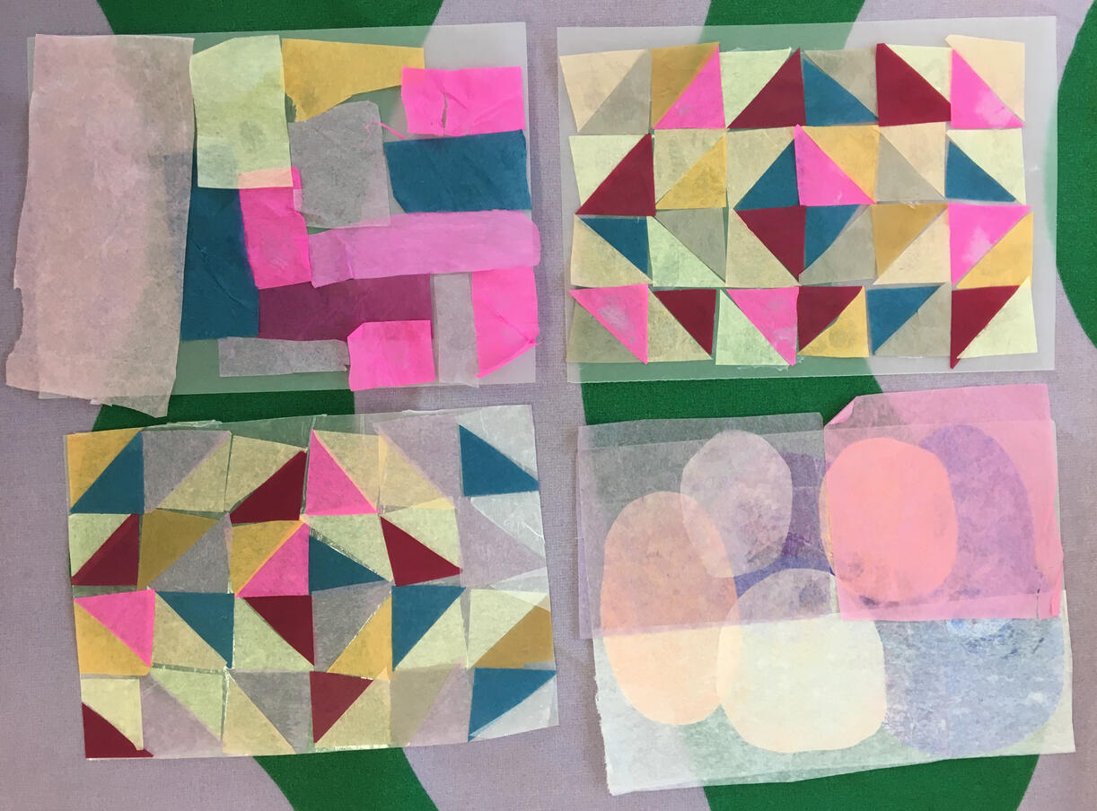 Various activities at art and craft club. Sting printing, collage.