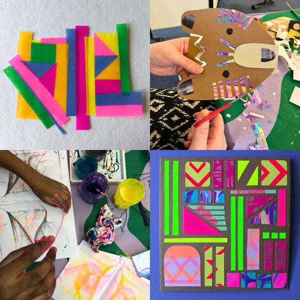 Various activities at art and craft club. Sting printing, collage.