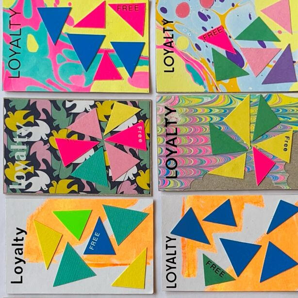 Handmade Pattern & Print Club loyalty card. London. Letraset and collage.