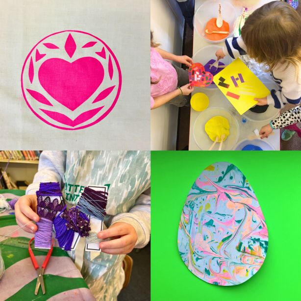 Previous craft sessions including - sand art, foam marbling, collage, fabric collage an screen printing